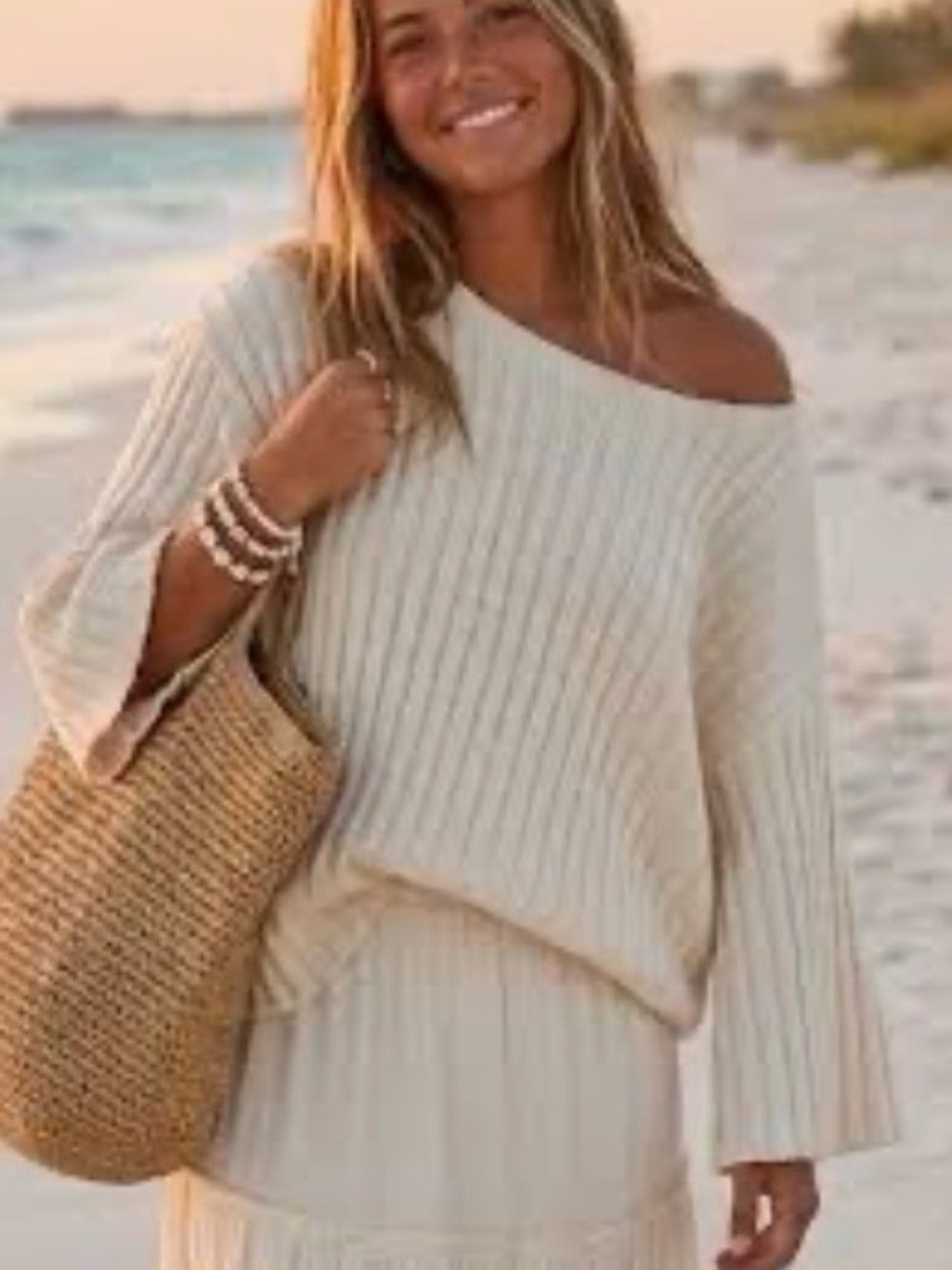 Free People Beach Kenzie Sweater L Cotton Natural Beige Ribbed Grid Cozy
